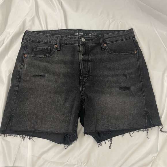 Old Navy Denim Shorts OG Straight High Rise Pockets Raw Hem Distressed Black 14 - Picture 3 of 9